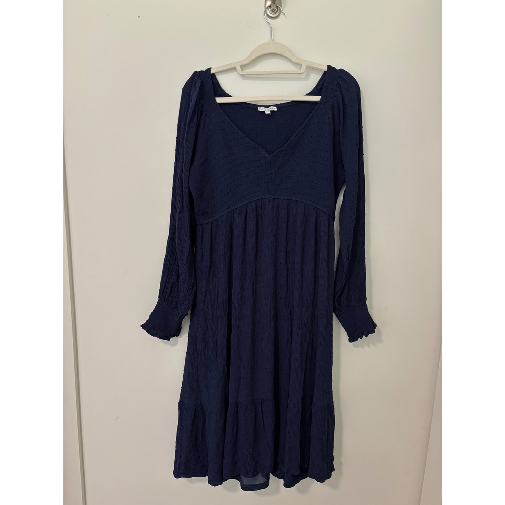 Baltic Born Navy Blue Swiss Dot Lainey Smocked Tiered Midi Dress Womens 1X - Picture 2 of 9